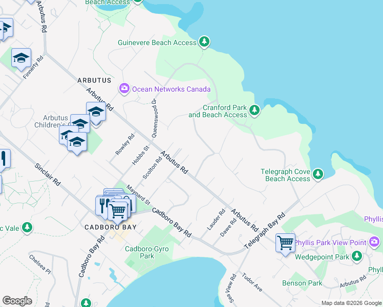 map of restaurants, bars, coffee shops, grocery stores, and more near 3949 Valhalla Lane in Victoria