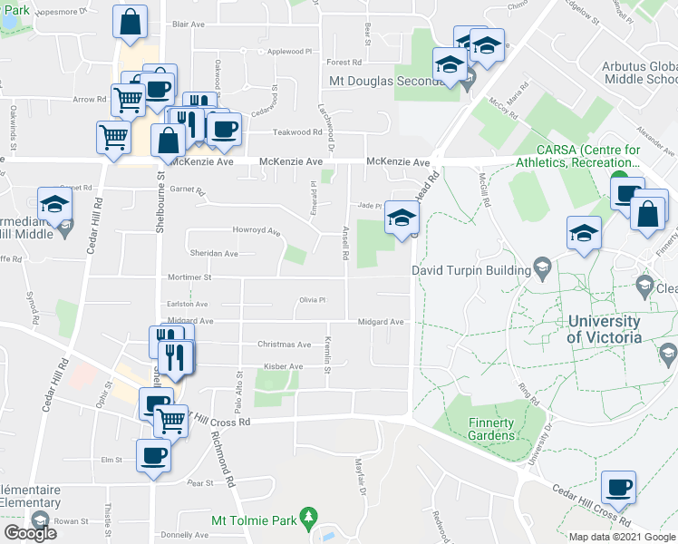 map of restaurants, bars, coffee shops, grocery stores, and more near 1770 Mortimer Street in Victoria