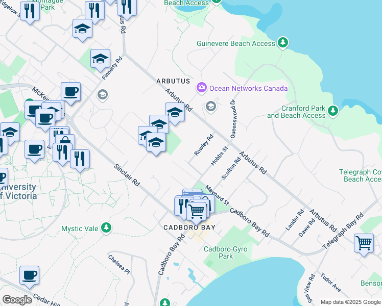 map of restaurants, bars, coffee shops, grocery stores, and more near 3900 Rowley Road in Victoria
