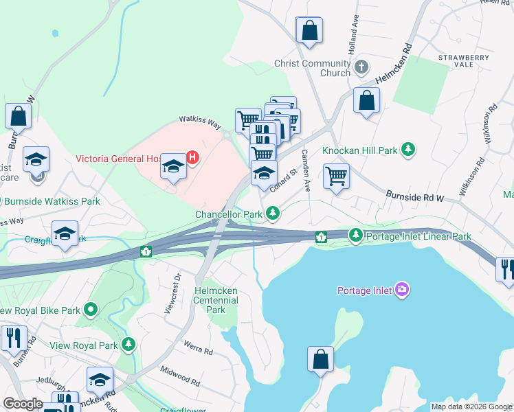map of restaurants, bars, coffee shops, grocery stores, and more near 38 Chancellor Avenue in Victoria
