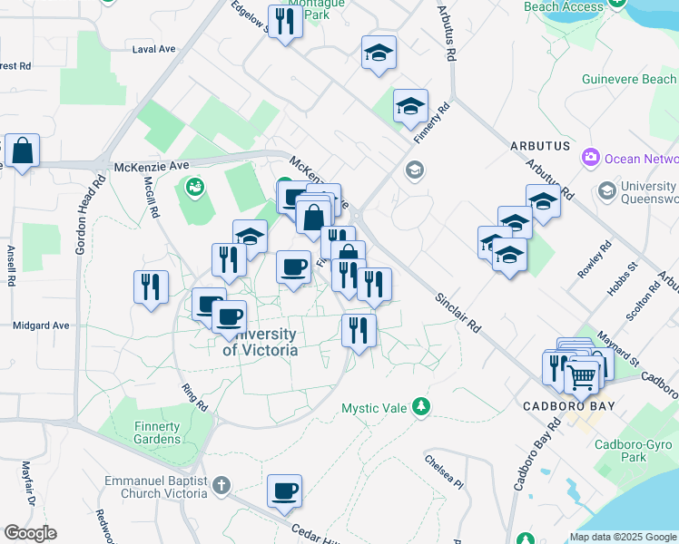 map of restaurants, bars, coffee shops, grocery stores, and more near 3800 Finnerty Road in Victoria