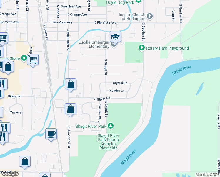map of restaurants, bars, coffee shops, grocery stores, and more near 1207 Kendra Lane in Burlington