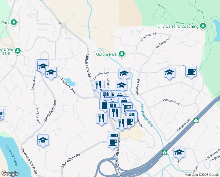 map of restaurants, bars, coffee shops, grocery stores, and more near 2329 Belair Road in Victoria