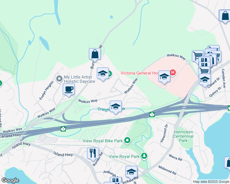 map of restaurants, bars, coffee shops, grocery stores, and more near 5 Newstead Crescent in Victoria