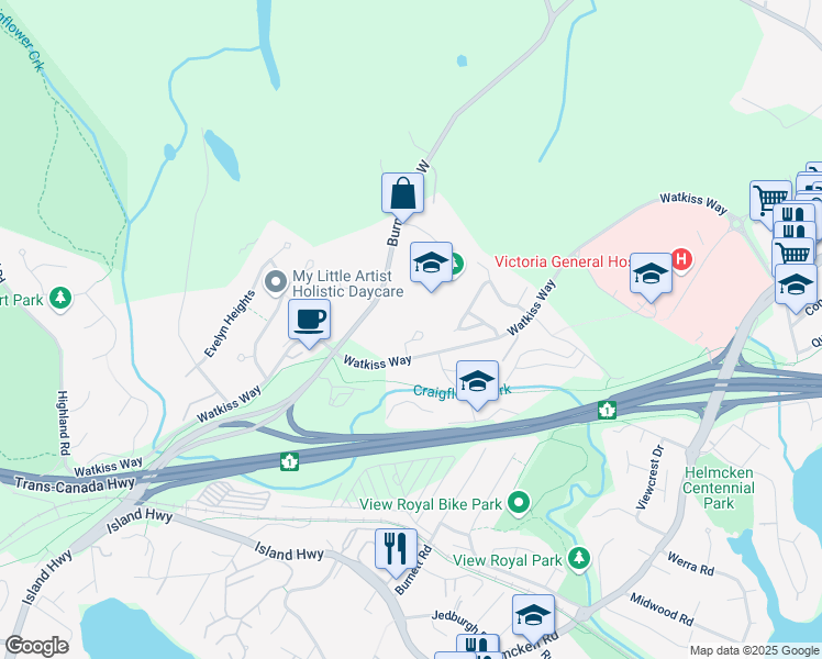 map of restaurants, bars, coffee shops, grocery stores, and more near 1900 Watkiss Way in Victoria