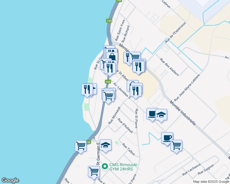map of restaurants, bars, coffee shops, grocery stores, and more near Rue Pouliot in Rimouski