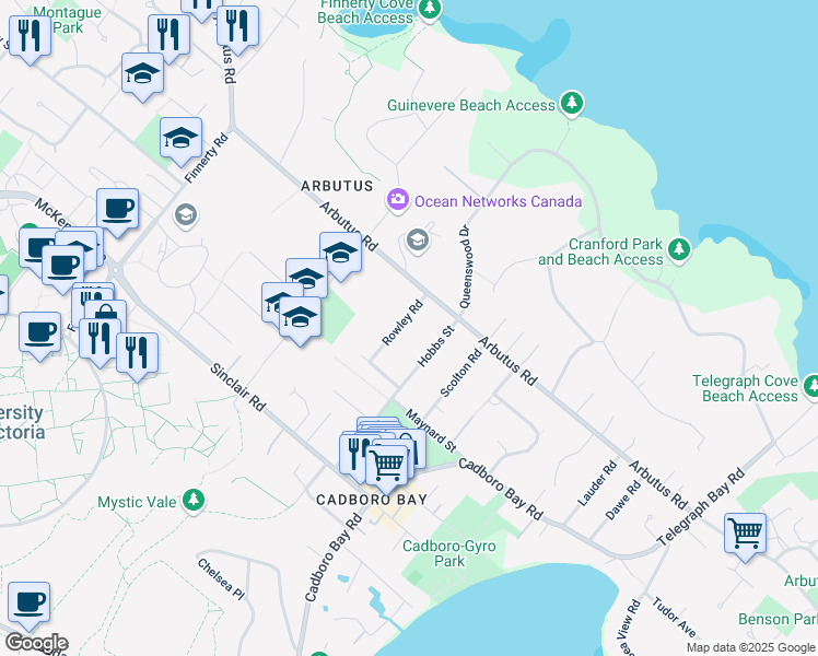 map of restaurants, bars, coffee shops, grocery stores, and more near 3917 Rowley Road in Victoria