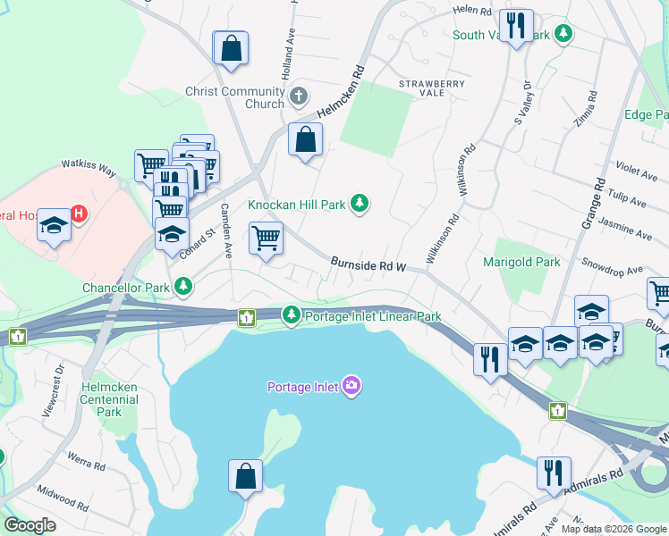 map of restaurants, bars, coffee shops, grocery stores, and more near 1245 Burnside Road West in Victoria