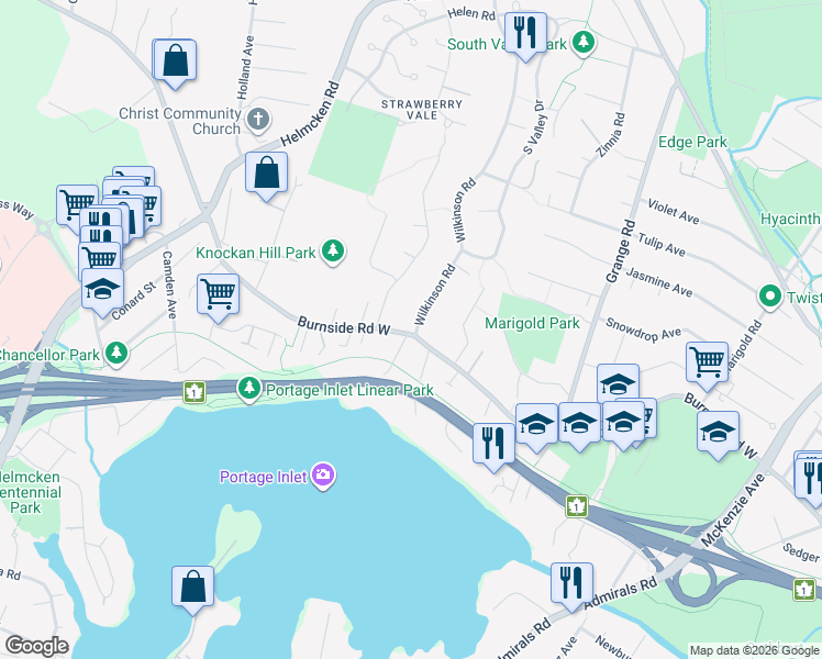 map of restaurants, bars, coffee shops, grocery stores, and more near 1163 Burnside Road West in Victoria