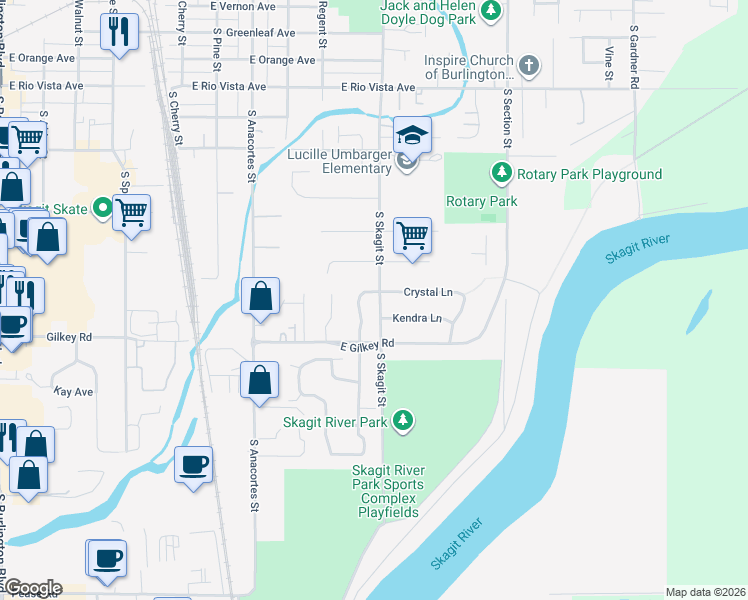map of restaurants, bars, coffee shops, grocery stores, and more near 1204 Kendra Lane in Burlington