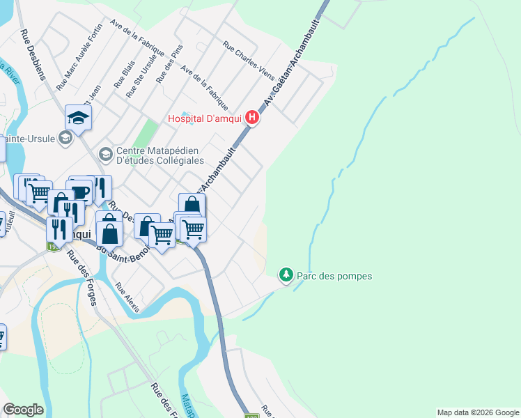 map of restaurants, bars, coffee shops, grocery stores, and more near Rue Michaud in Amqui