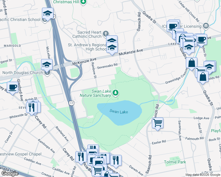 map of restaurants, bars, coffee shops, grocery stores, and more near 3873 Swan Lake Road in Victoria