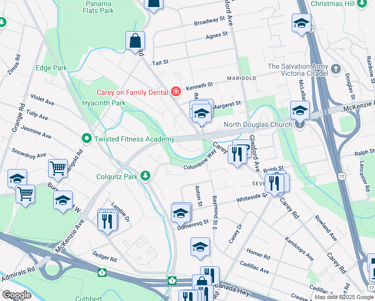 map of restaurants, bars, coffee shops, grocery stores, and more near Arlene Place in Victoria