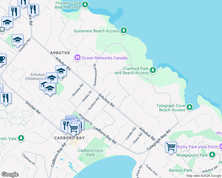 map of restaurants, bars, coffee shops, grocery stores, and more near 3949 Valhalla Lane in Victoria