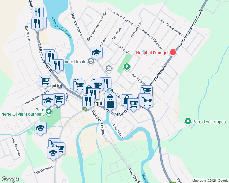 map of restaurants, bars, coffee shops, grocery stores, and more near 70 Rue Desbiens in Amqui