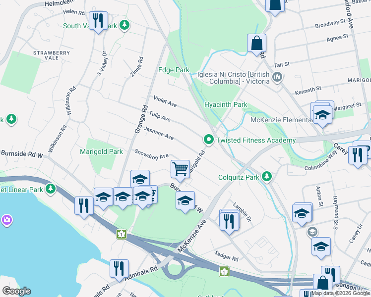 map of restaurants, bars, coffee shops, grocery stores, and more near 843 Tulip Avenue in Victoria