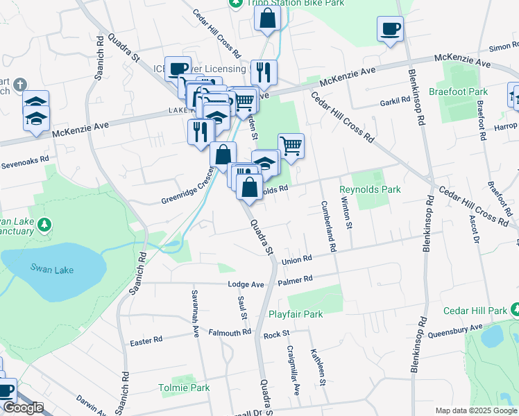 map of restaurants, bars, coffee shops, grocery stores, and more near 3943 Quadra Street in Victoria