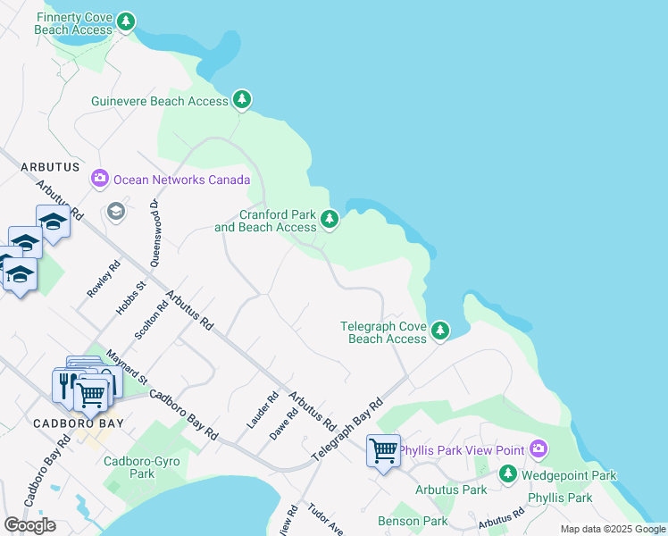 map of restaurants, bars, coffee shops, grocery stores, and more near 2640 Queenswood Drive in Victoria