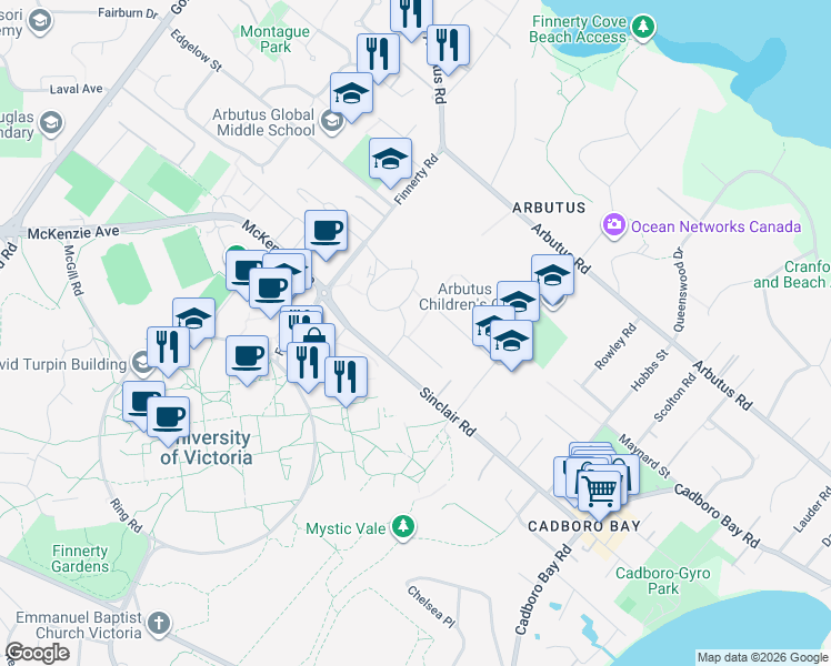 map of restaurants, bars, coffee shops, grocery stores, and more near 2426 Evelyn Place in Victoria