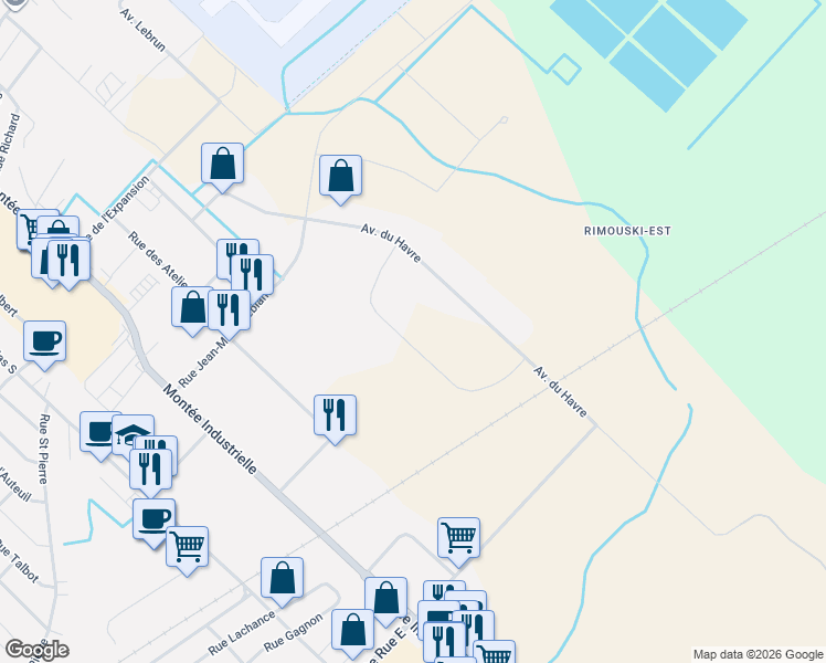 map of restaurants, bars, coffee shops, grocery stores, and more near 220 Rue des Fabricants in Rimouski