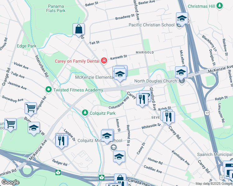 map of restaurants, bars, coffee shops, grocery stores, and more near 3975 Arlene Place in Victoria