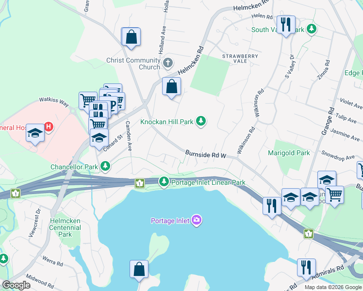 map of restaurants, bars, coffee shops, grocery stores, and more near 1264 Burnside Road West in Victoria