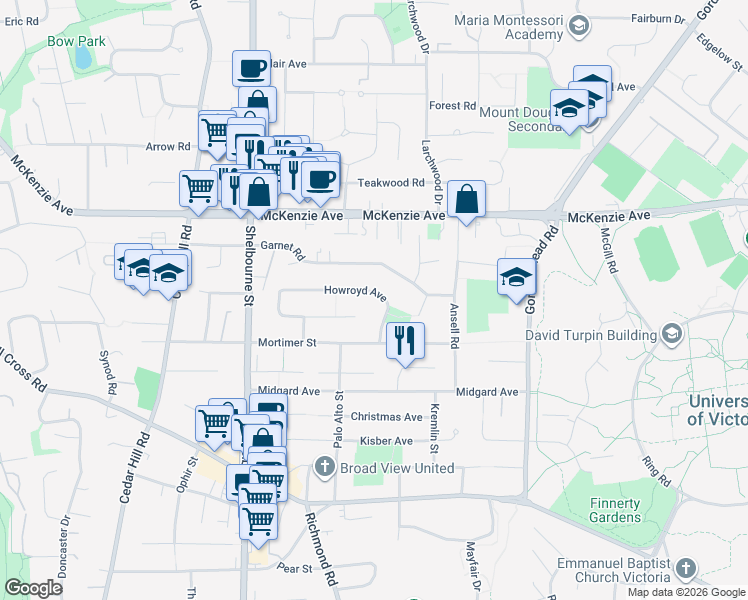 map of restaurants, bars, coffee shops, grocery stores, and more near 1741 Howroyd Avenue in Victoria