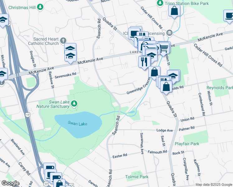 map of restaurants, bars, coffee shops, grocery stores, and more near 975 Greenridge Crescent in Victoria