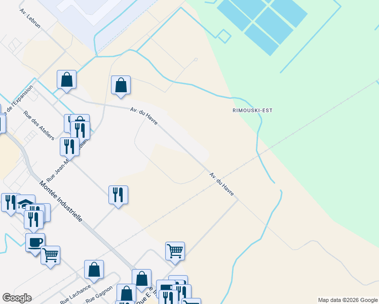 map of restaurants, bars, coffee shops, grocery stores, and more near 250 Avenue du Havre in Rimouski