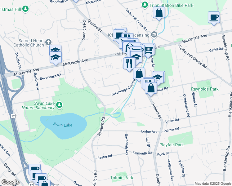 map of restaurants, bars, coffee shops, grocery stores, and more near Greenridge Crescent in Victoria