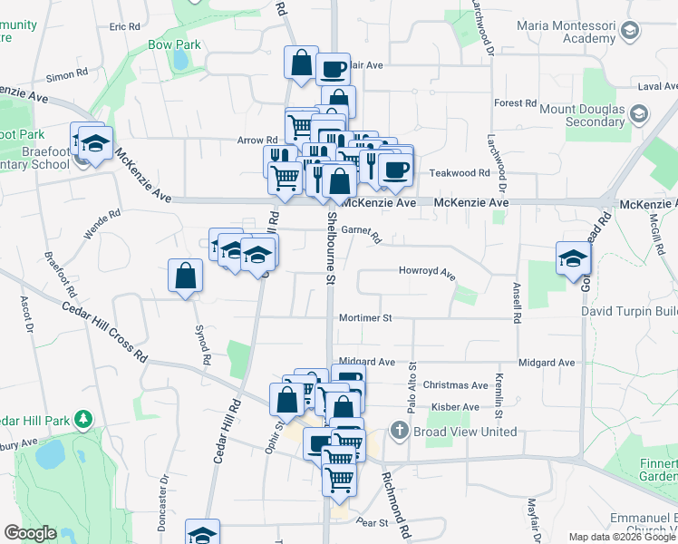 map of restaurants, bars, coffee shops, grocery stores, and more near 3921 Shelbourne Street in Victoria