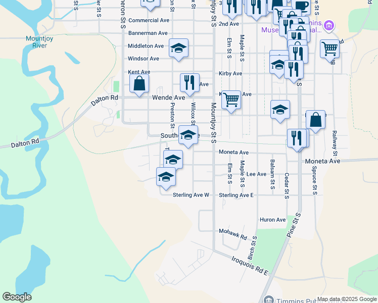 map of restaurants, bars, coffee shops, grocery stores, and more near 457 Wilcox Street in Timmins