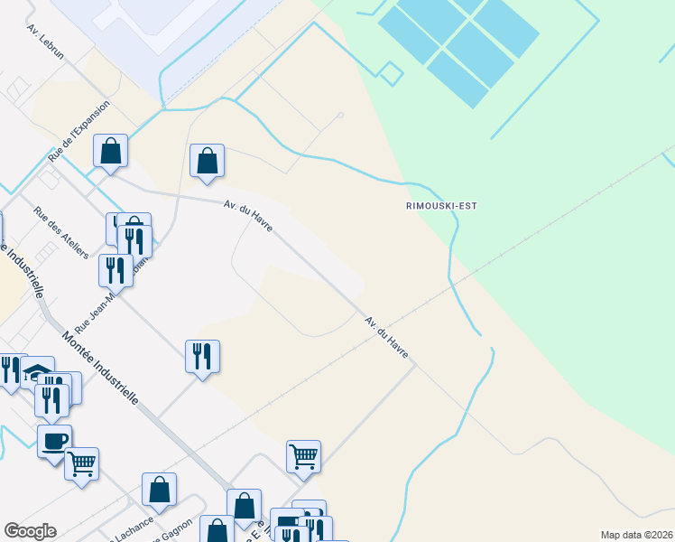 map of restaurants, bars, coffee shops, grocery stores, and more near 250 Avenue du Havre in Rimouski