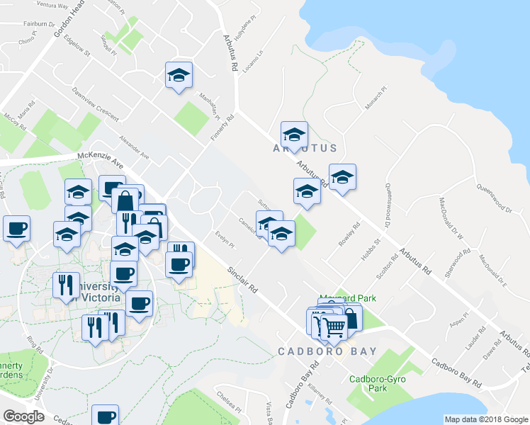 map of restaurants, bars, coffee shops, grocery stores, and more near 2449 Sutton Road in Victoria
