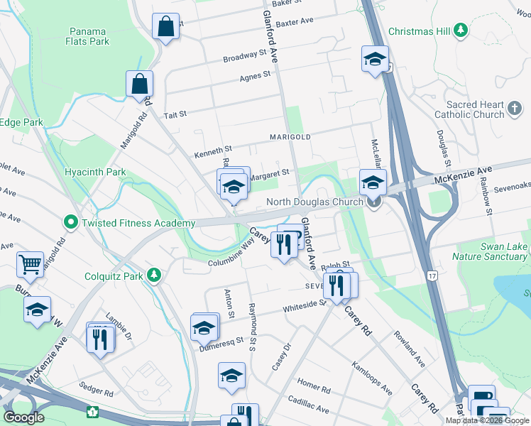 map of restaurants, bars, coffee shops, grocery stores, and more near 4006 Malibu Place in Victoria