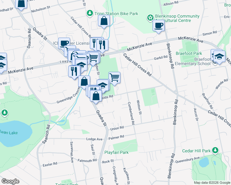 map of restaurants, bars, coffee shops, grocery stores, and more near in Victoria