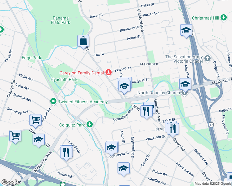 map of restaurants, bars, coffee shops, grocery stores, and more near 4010 Carey Road in Victoria