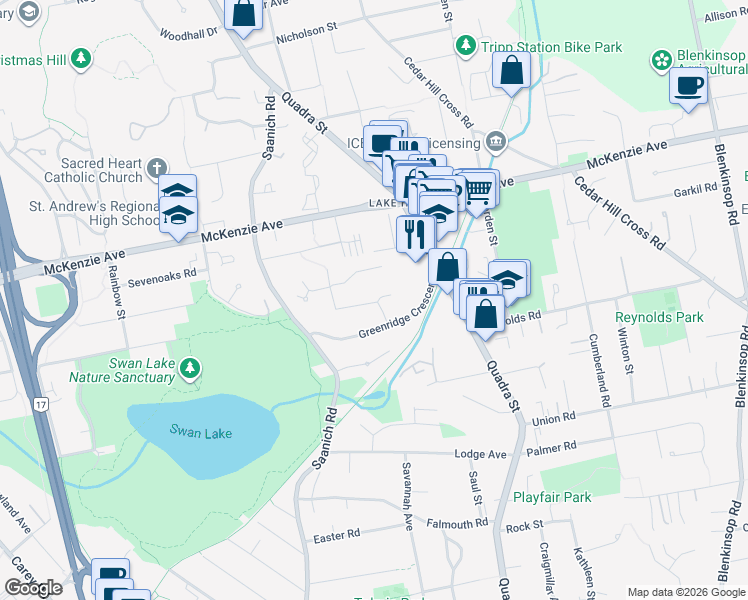 map of restaurants, bars, coffee shops, grocery stores, and more near 996 Ridgeway Street in Victoria