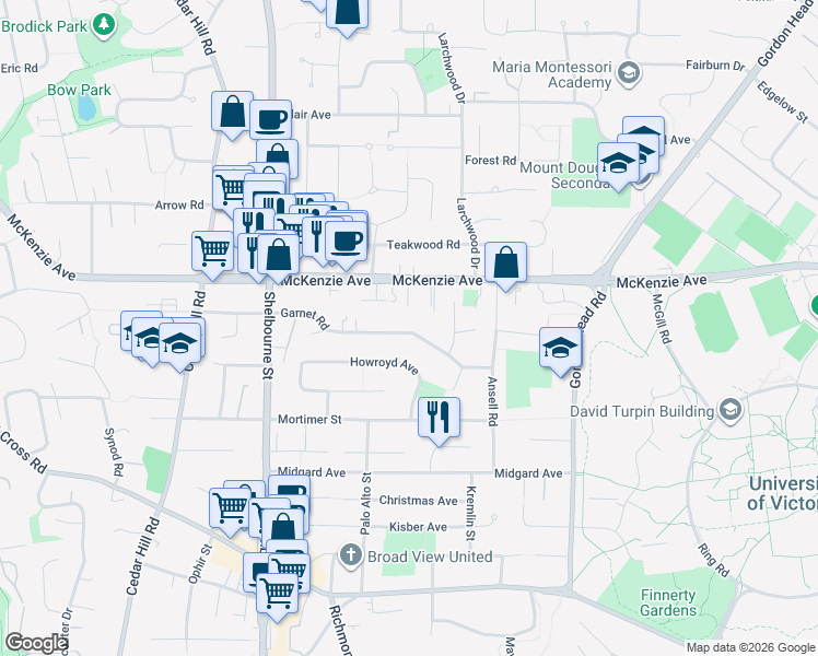 map of restaurants, bars, coffee shops, grocery stores, and more near 1741 McKenzie Avenue in Victoria