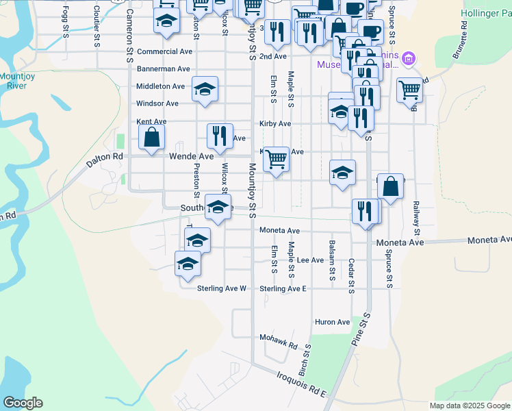 map of restaurants, bars, coffee shops, grocery stores, and more near 420 Mountjoy Street South in Timmins