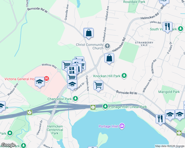 map of restaurants, bars, coffee shops, grocery stores, and more near 11 Conard Street in Victoria