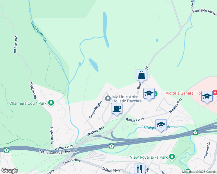 map of restaurants, bars, coffee shops, grocery stores, and more near 2304 Evelyn Heights in Victoria