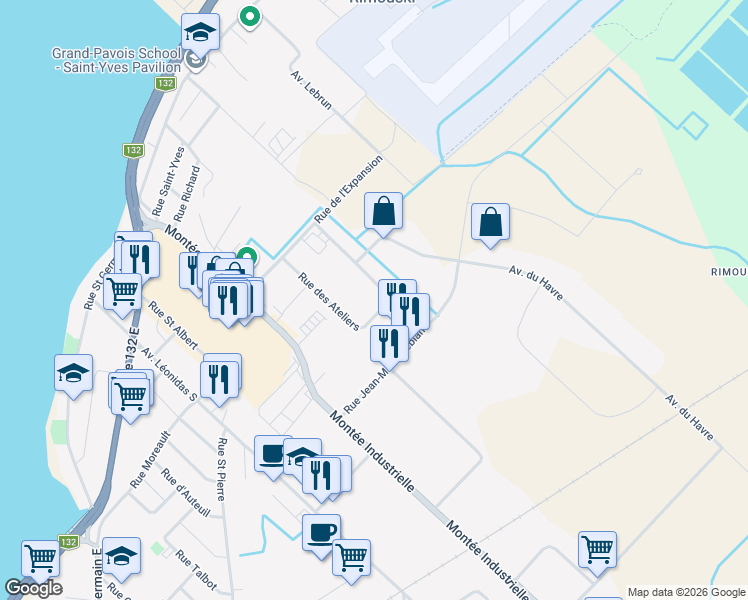 map of restaurants, bars, coffee shops, grocery stores, and more near 124 Rue des Ateliers in Rimouski