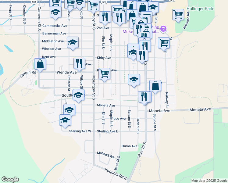 map of restaurants, bars, coffee shops, grocery stores, and more near 402 A Maple Street South in Timmins
