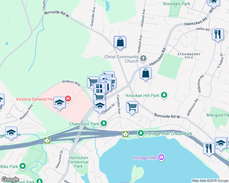 map of restaurants, bars, coffee shops, grocery stores, and more near 5 Camden Avenue in Victoria