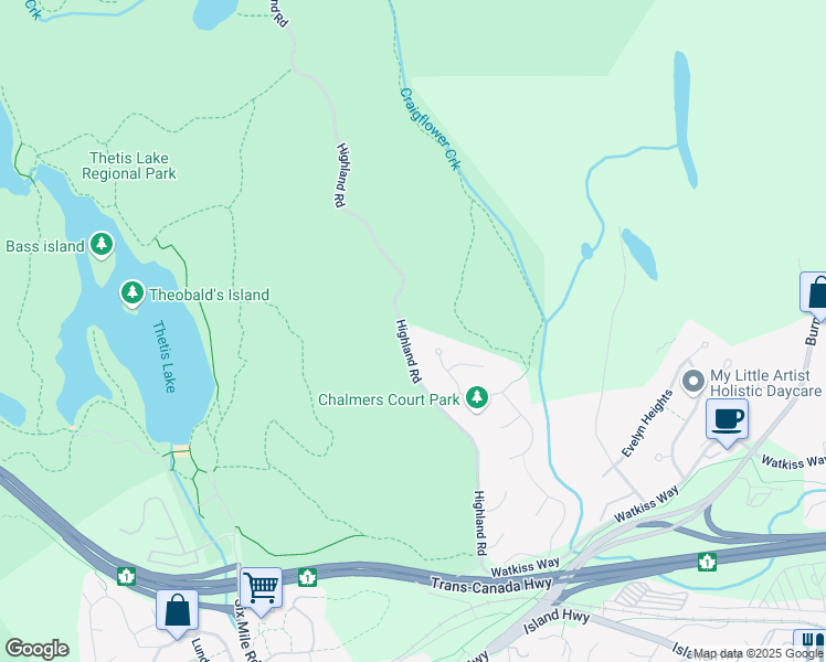 map of restaurants, bars, coffee shops, grocery stores, and more near 2497 Highland Road in Victoria