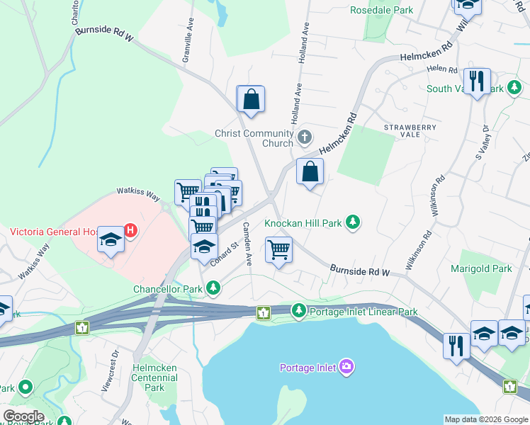 map of restaurants, bars, coffee shops, grocery stores, and more near 11 Conard Street in Victoria