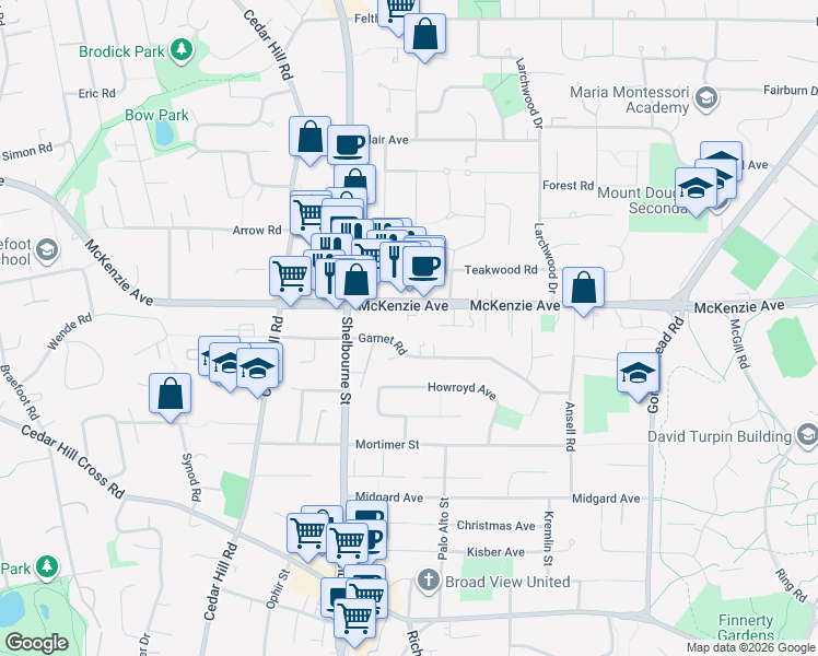 map of restaurants, bars, coffee shops, grocery stores, and more near 1641 McKenzie Avenue in Victoria