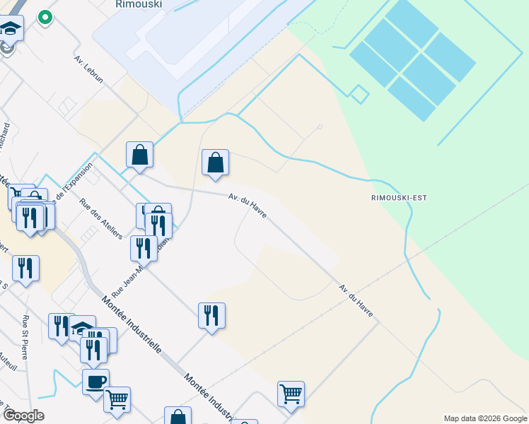 map of restaurants, bars, coffee shops, grocery stores, and more near 170 Avenue du Havre in Rimouski