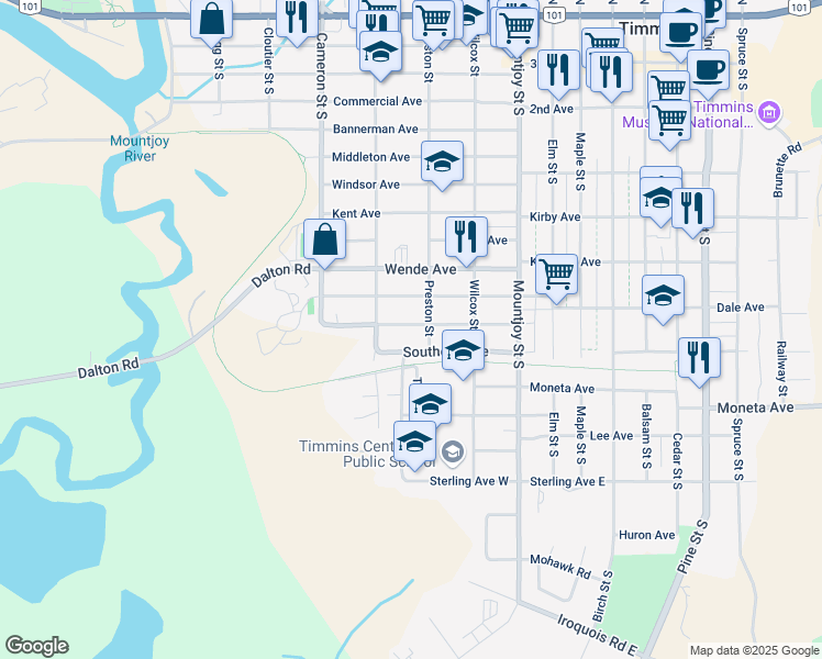map of restaurants, bars, coffee shops, grocery stores, and more near 157 Columbus Avenue in Timmins